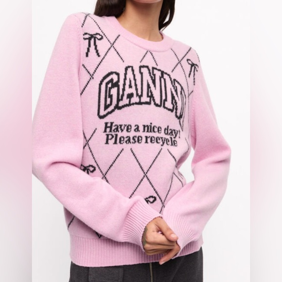 NWTA Ganni Pink Graphic Bow Sweater - Picture 3 of 7